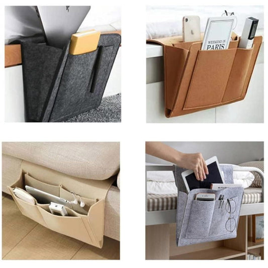 Bedside pocket organizer for essentials in black brown beige and gray felt with multiple compartments