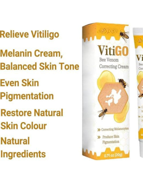 The Gir Farmer VitiGO bee venom vitiligo cream in white and yellow packaging for skin pigmentation