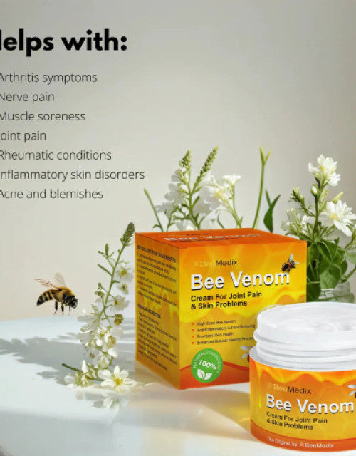 The Gir Farmer bee venom pain relief cream packaging and jar with flowers and a bee on white surface