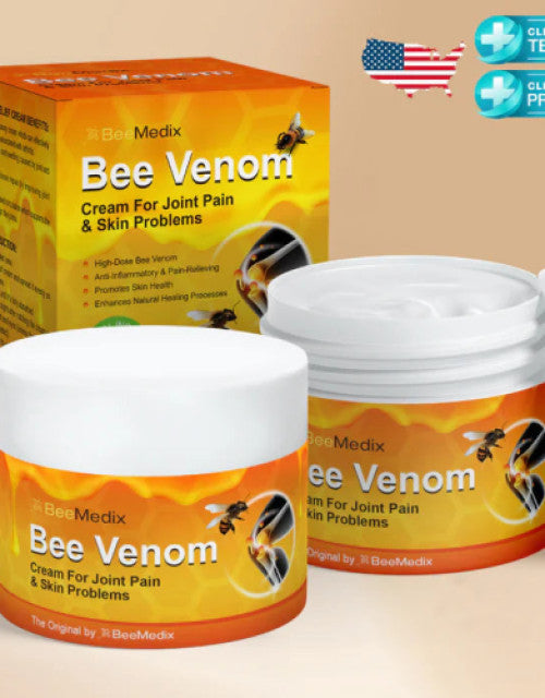 Bee venom pain relief cream for joint pain and skin problems by The Gir Farmer in orange packaging