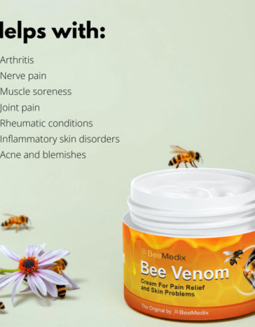 The Gir Farmer bee venom pain relief cream jar with bees and flowers highlighting uses for arthritis and skin issues