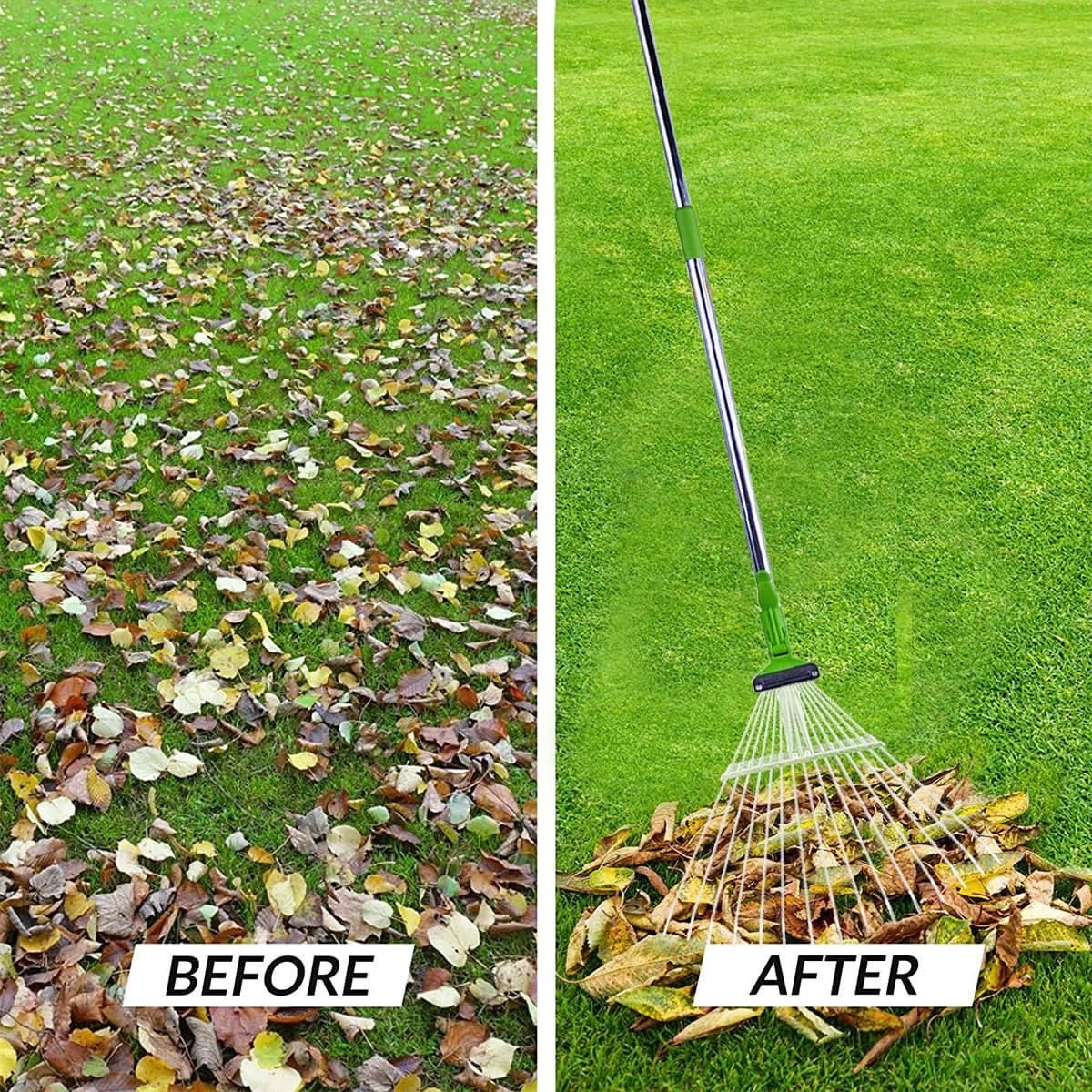 THE GIR FARMER rake shown as best tool for cleaning garden leaves with before and after lawn view
