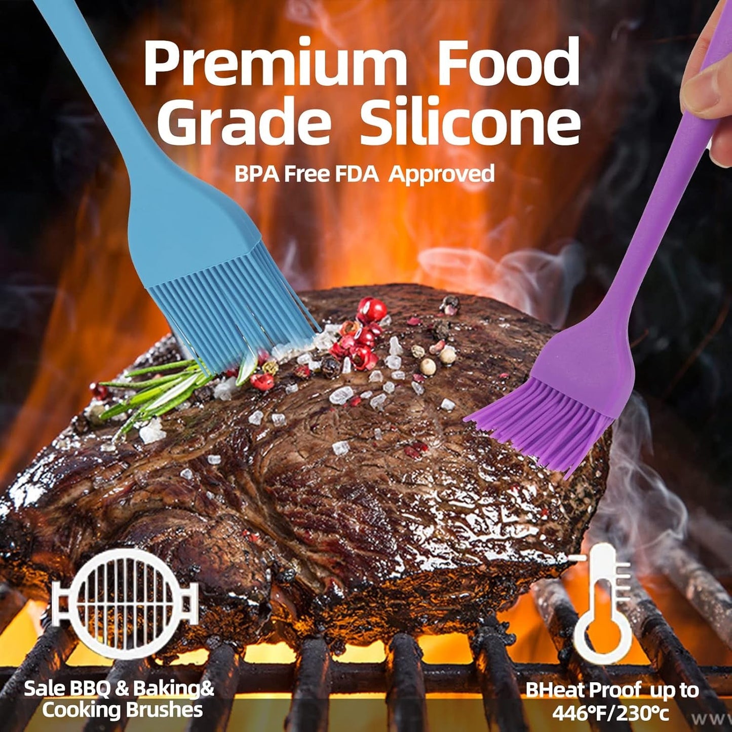 Best baking basting brush in blue and purple silicone used for grilling steak on barbecue