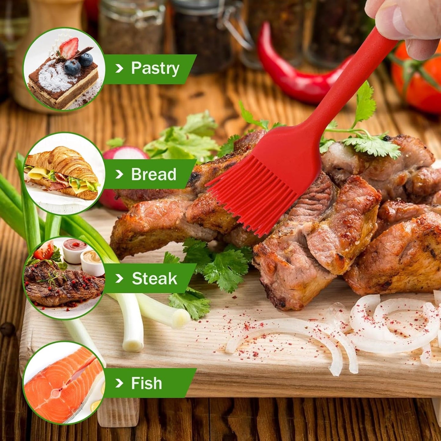 Red oil brush basting grilled meat with herbs on wooden board showing best baking basting brush uses
