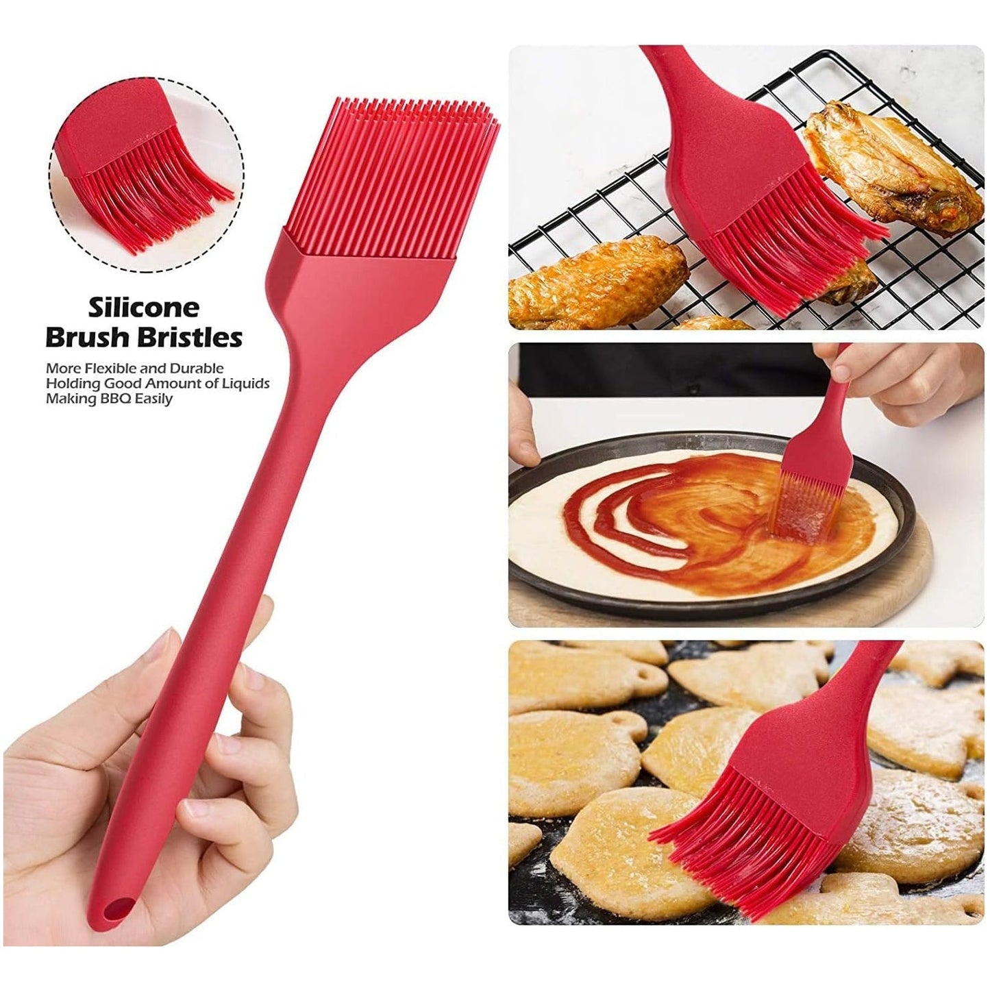 Red silicone oil brush with flexible bristles for easy basting of chicken pizza and pastries best baking basting brush
