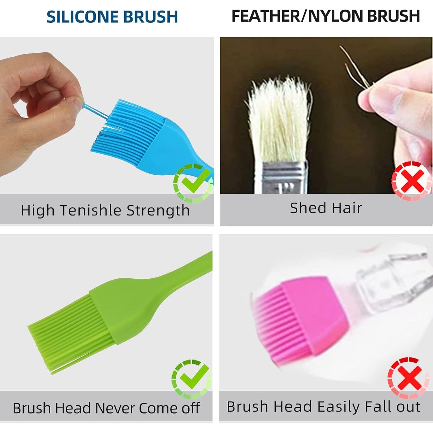 Comparison of Amd DeoDap best baking basting brush silicone vs feather nylon showing strength and durability