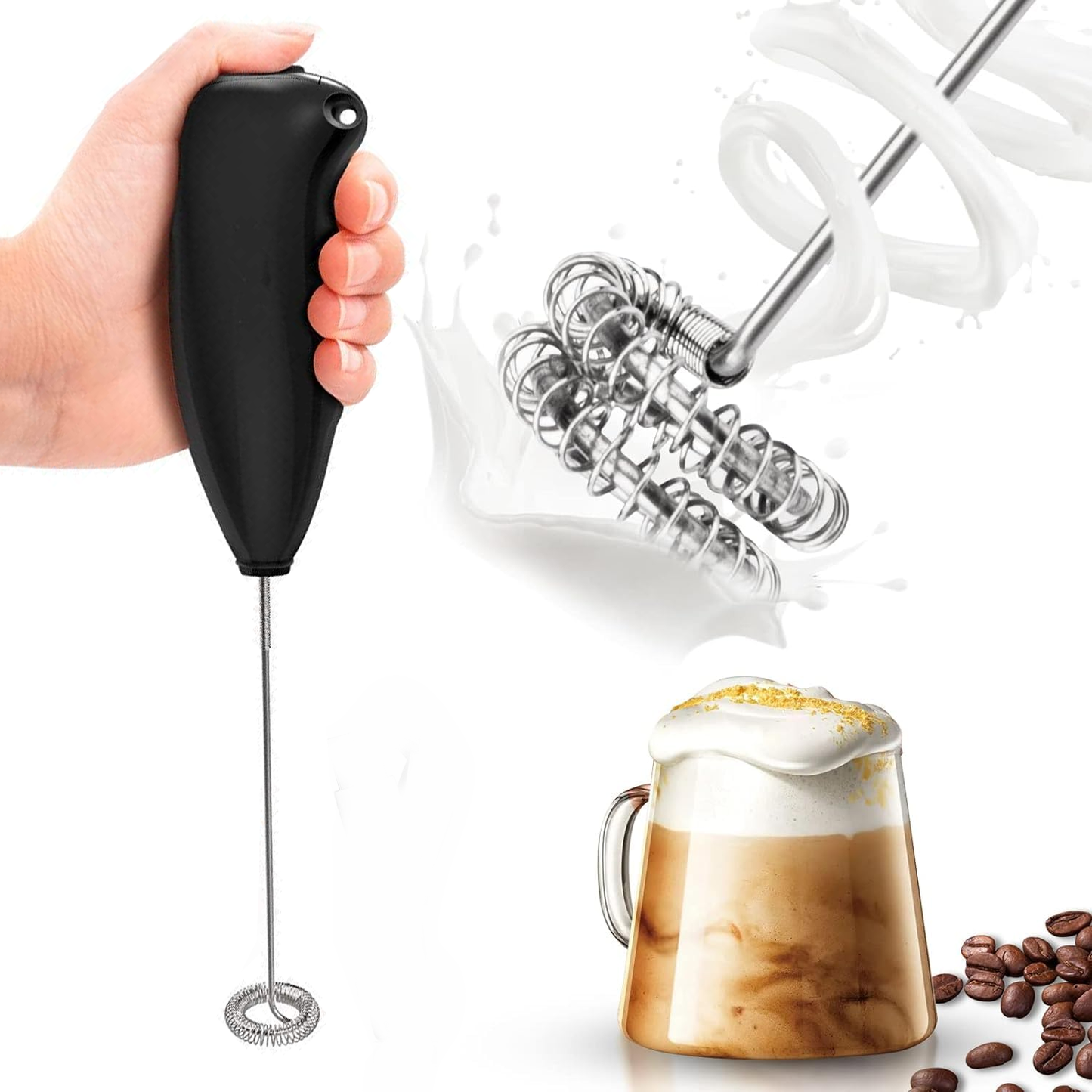 THE GIR FARMER hand blender being held with frothy coffee and milk frother whisk showing best hand blender for frothy coffee