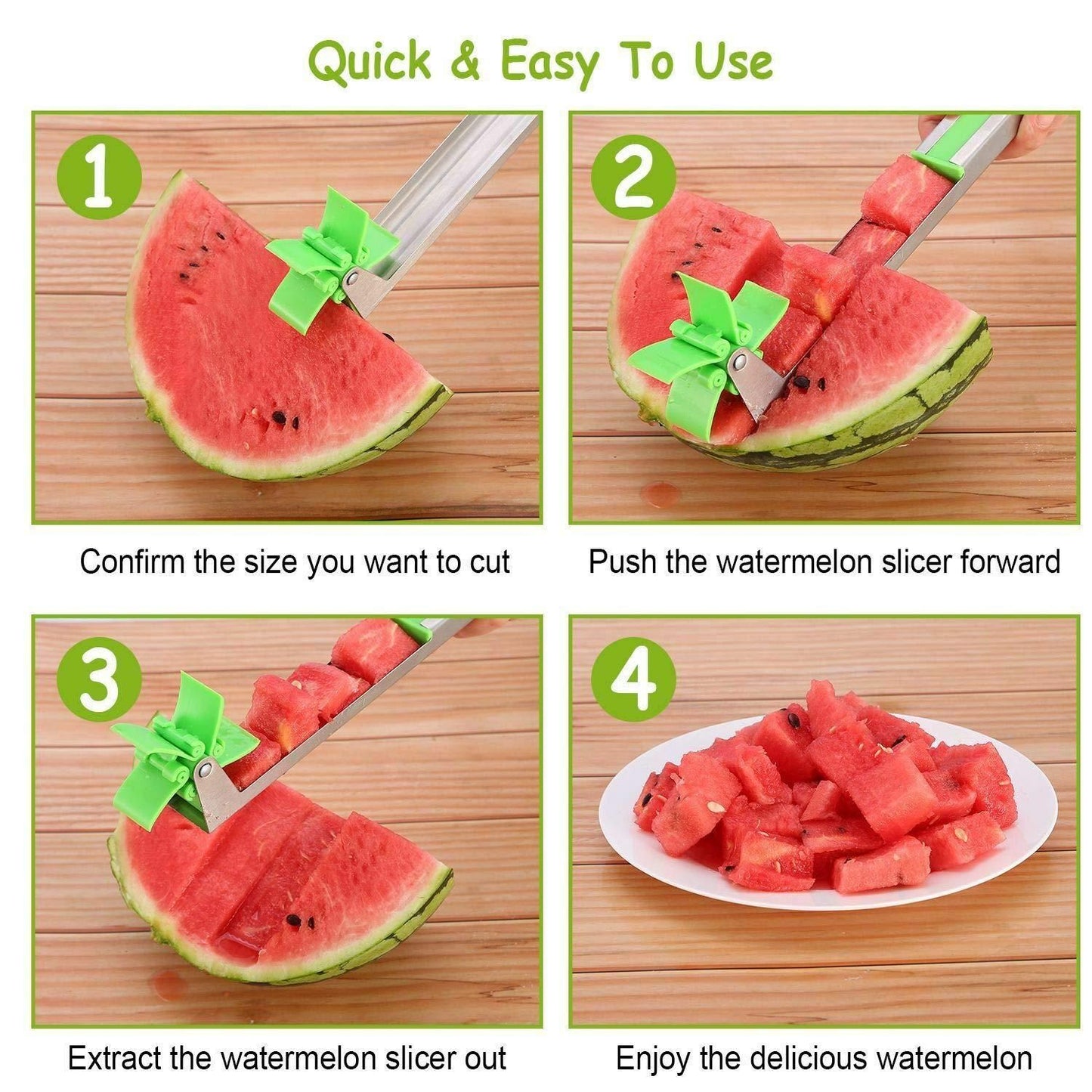 Step-by-step use of the best tool for slicing watermelon easily into uniform pieces on a wooden surface