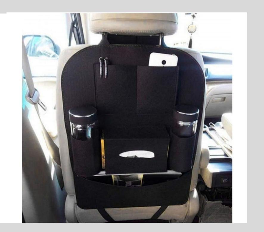 Black back seat storage bag for cars with multiple pockets holding phone, cups, and tissue box