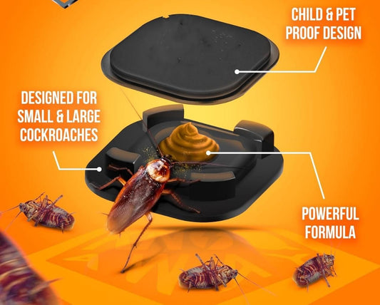 Black anti cockroach bait station with child and pet proof design and powerful formula for small and large cockroaches