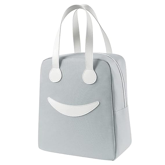 Large insulated lunch bag by THE GIR FARMER in light gray with white handles and smile design