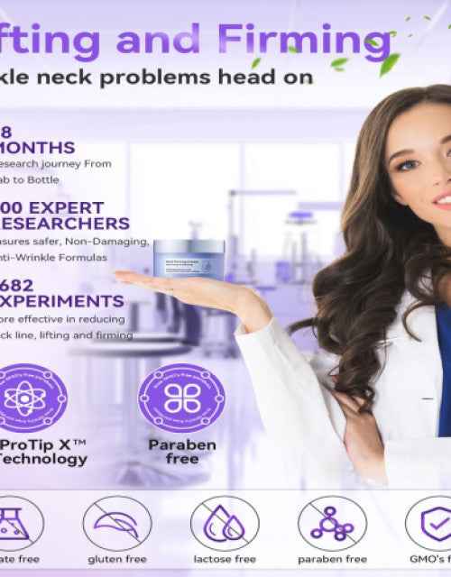 Natural neck wrinkle cream for women by The Gir Farmer shown with benefits and features including paraben free and proven results