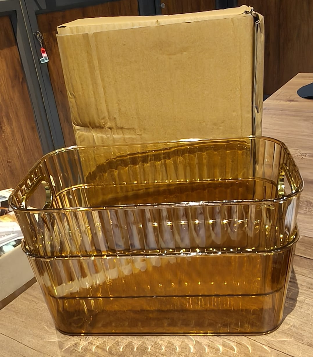 Premium Ribbed Transparent Storage Basket with Gold Handle – Multipurpose Kitchen & Home Organizer Box (25x14cm / 2 Pc) Your Brand