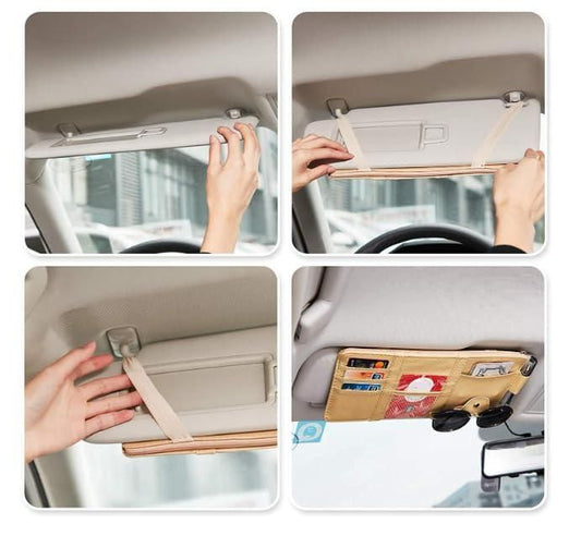 Installation steps for a car sun visor organizer featuring multiple pockets for storage convenience