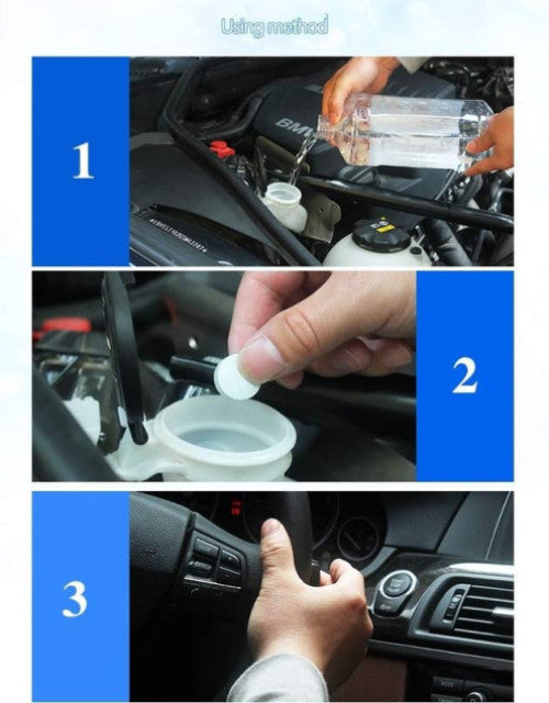 Step-by-step guide for using car windshield cleaner tablets in a vehicle engine compartment