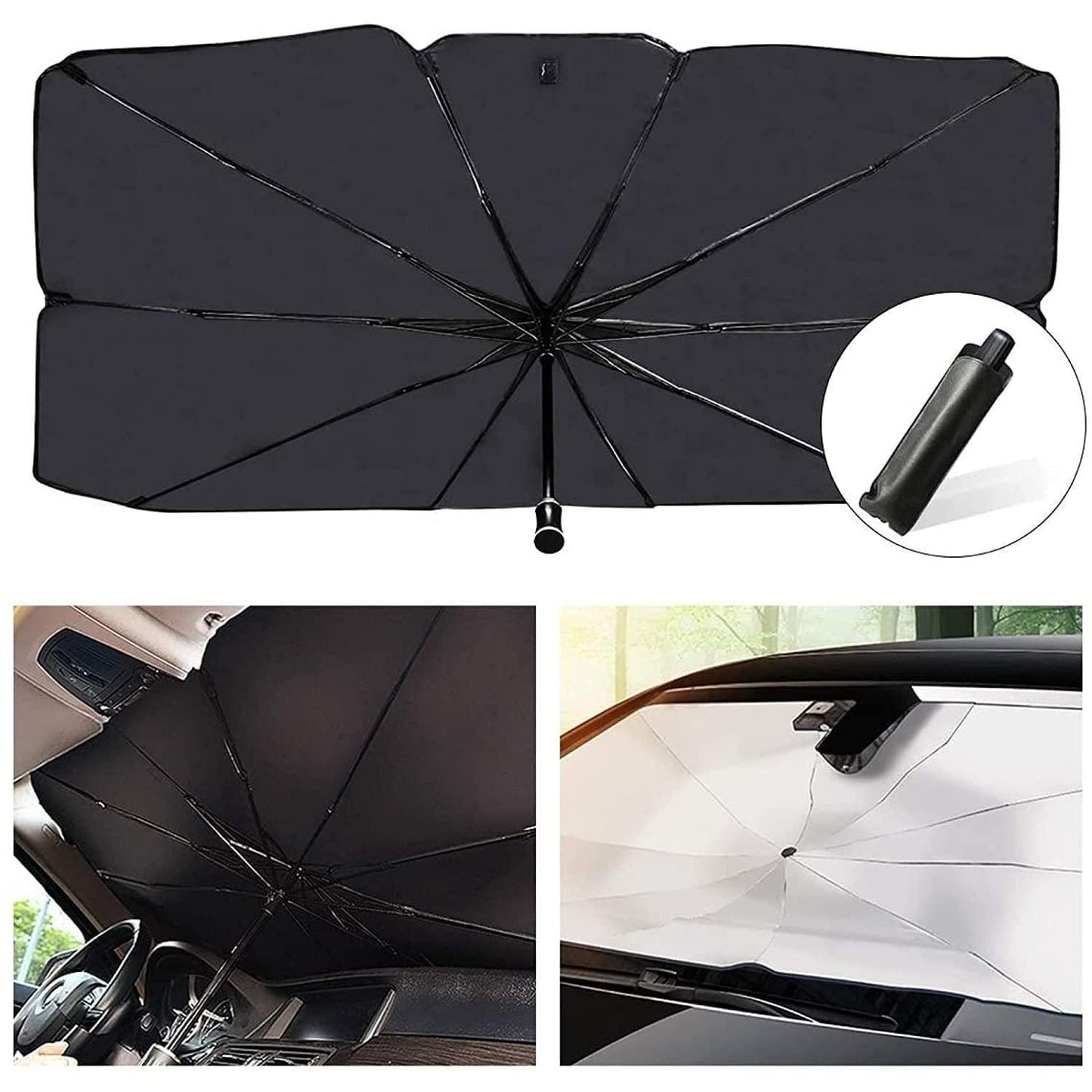 Car windshield sun shade umbrella collapsible design for protection against UV rays and heat