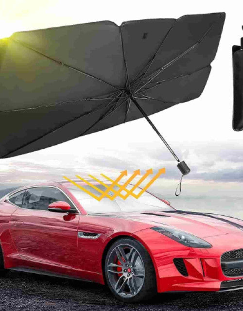 Dropdash car windshield sun shade umbrella in use with a red car, blocking sunlight effectively