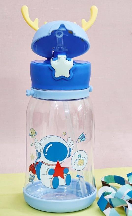 The Gir Farmer cartoon animal plastic water bottle 300ml with blue astronaut design and antler lid