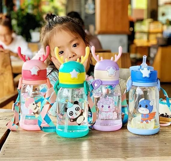 The Gir Farmer cartoon animal plastic water bottle 300ml with colorful animal designs and antler lids