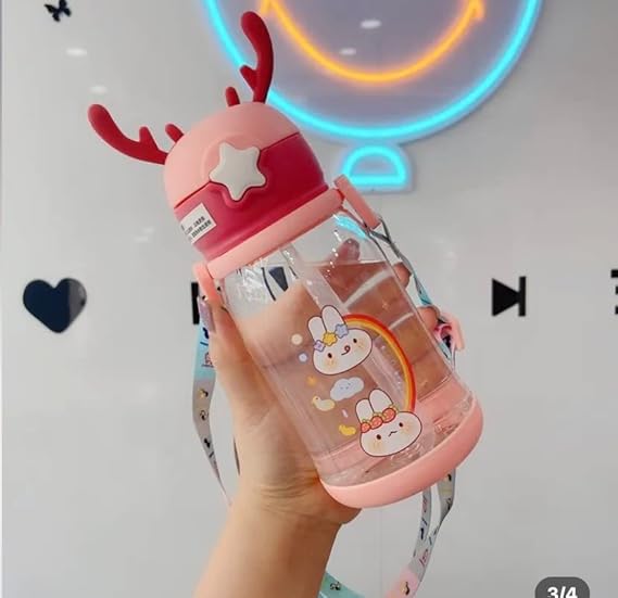 The Gir Farmer cartoon animal plastic water bottle 300ml with pink lid and cute bunny design