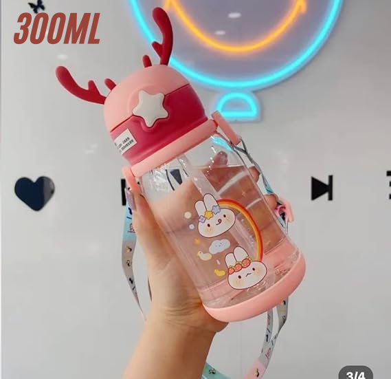 The Gir Farmer cartoon animal plastic water bottle 300ml with deer antler cap and cute bunny design