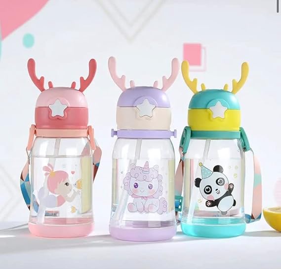 Three cartoon animal plastic water bottle 300ml with colorful lids and cute animal designs