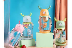 Cartoon animal plastic water bottle 300ml in assorted colors with antler lids by The Gir Farmer