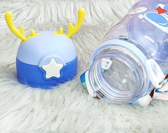 Cartoon animal plastic water bottle 300ml with yellow antler cap and clear body on soft fabric