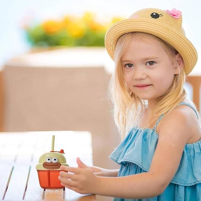 Cute cartoon glass cup for kids featuring a playful design, perfect for fun beverage experiences.