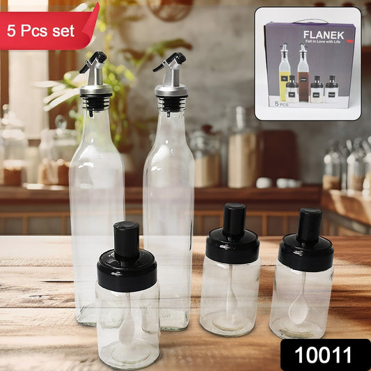 Transparent Glass Oil Dispenser 500 ML Bottle Set of 2, Spice Jar 250 ML Set of 3, Oil Bottle for Kitchen, Oil & Vinegar Storage Glass Bottle, Glass Container for Spice, Masala (5 Pcs Set) Your Brand