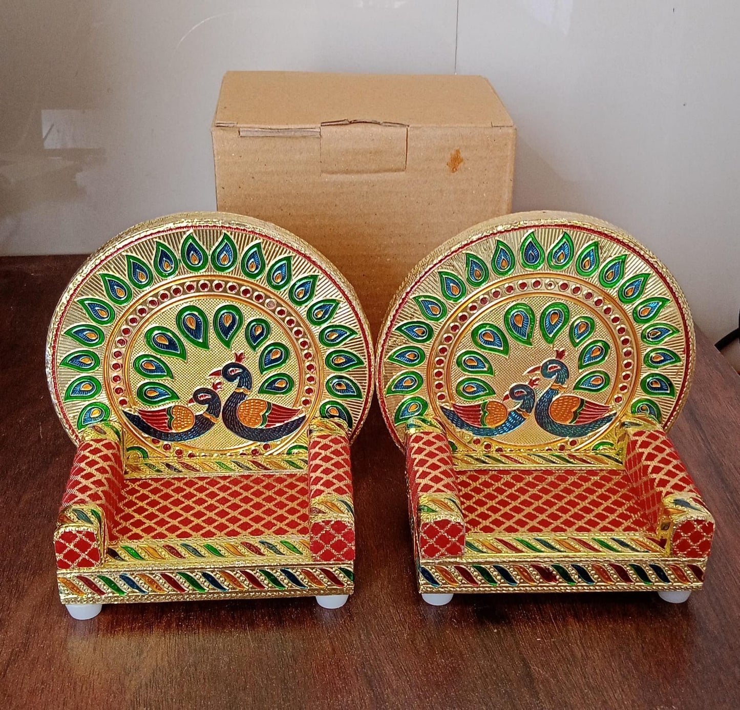 Meenakari Work Laddu Gopal Singhasan / Sihasan for Pooja Mandir Wooden Krishna Ladoo Bal Gopal Sofa Asan, Home Decorative Premium Look Decorative Singhasan Suitable For Home, Office, Restaurant (2 Pc Set) Your Brand