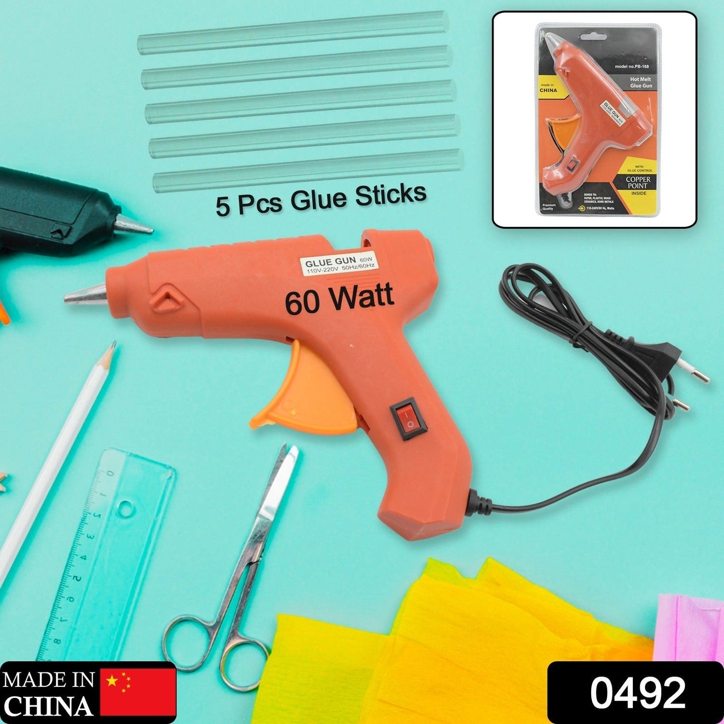 Professional 60 Watt Hot Melt Glue Gun with 5 Glue Sticks & On/Off Switch Your Brand
