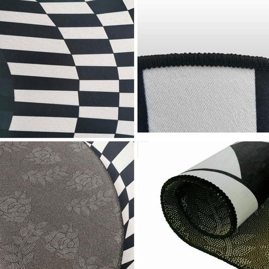 Checkered 3D floor mat with black and white pattern showing front surface, stitched edges, textured back, and rolled-up view