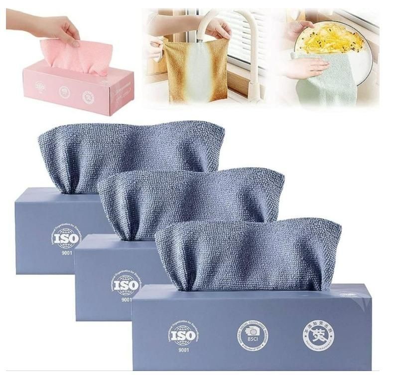 Three blue extractable household cleaning wipes box packs with microfiber wipes pulled out showing kitchen use