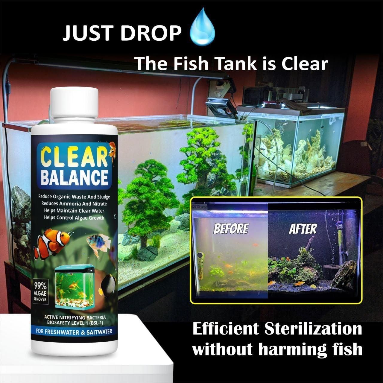 Clear Balance aquarium water cleaner for freshwater and saltwater with before and after fish tank images