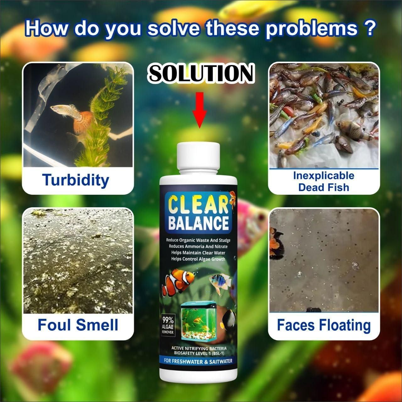 Clear Balance aquarium water cleaner for freshwater and saltwater solving turbidity foul smell dead fish and floating faces