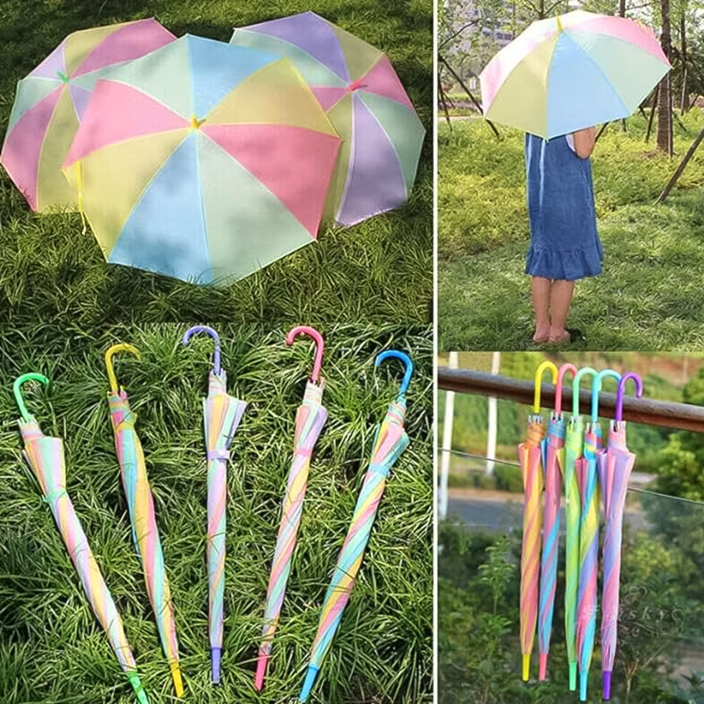 colorful rainbow umbrella with pastel panels shown open and closed outdoors
