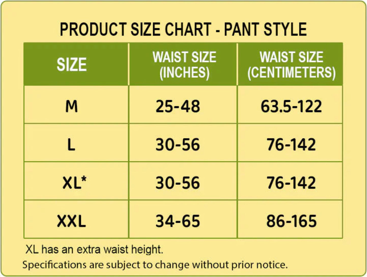 Product size chart showing waist size for comfortable adult diapers for seniors in various sizes