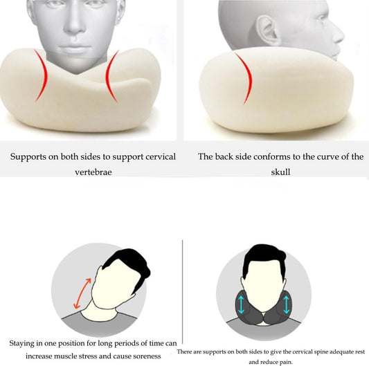 Contoured memory foam travel neck pillow for adults supporting cervical vertebrae and skull with dual side support