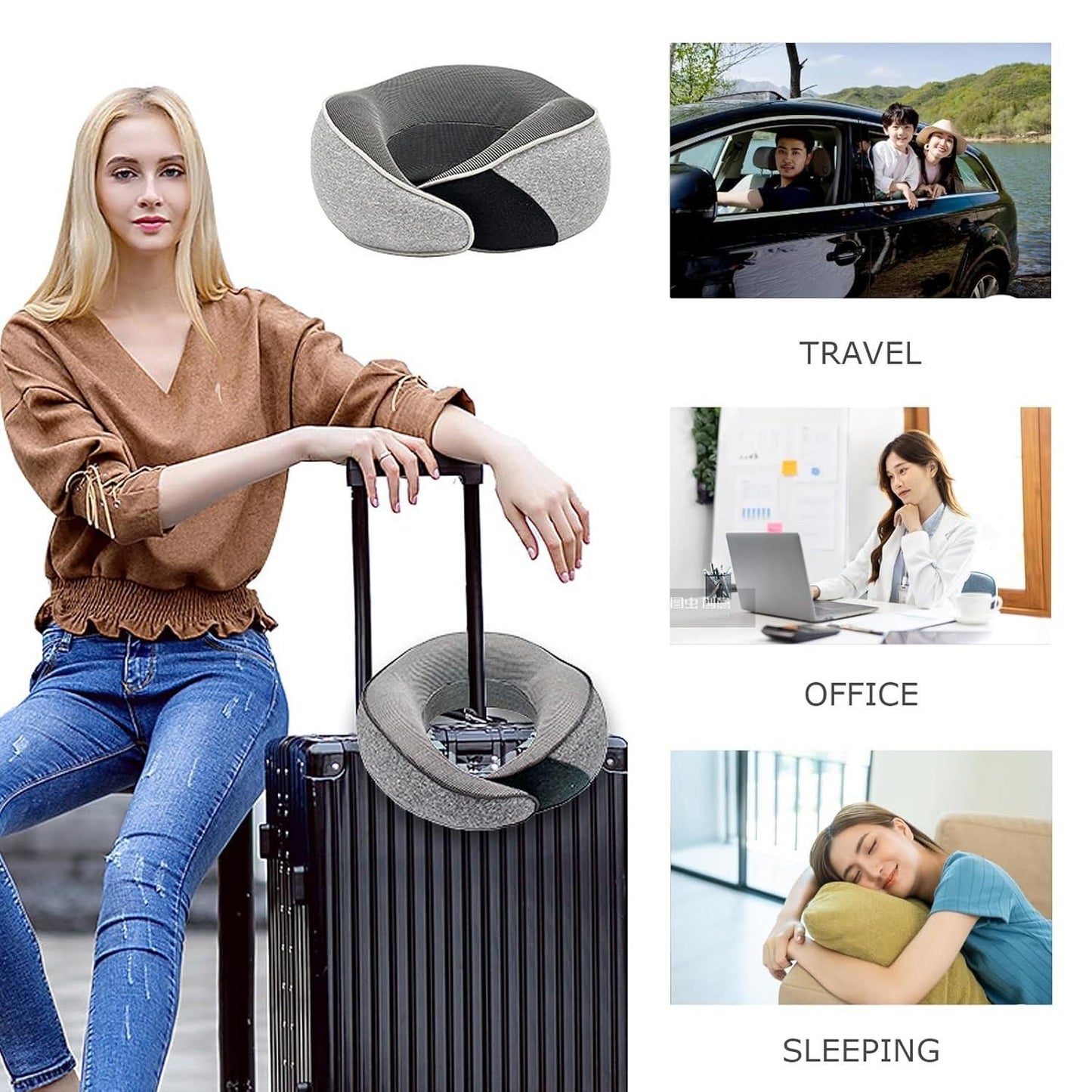 THE GIR FARMER gray ergonomic travel neck pillow for adults on suitcase shown in travel office and sleeping use
