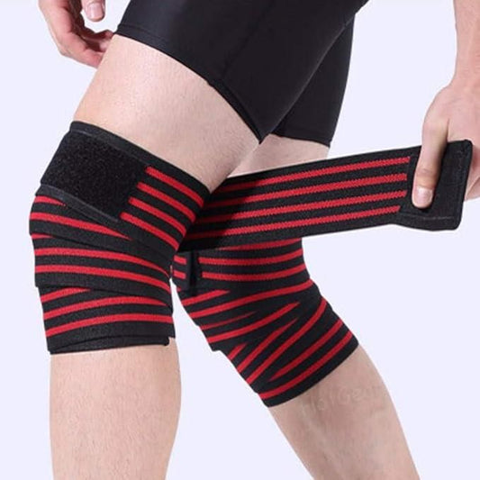 Red and black compression knee wraps for support designed for enhanced knee stability during workouts