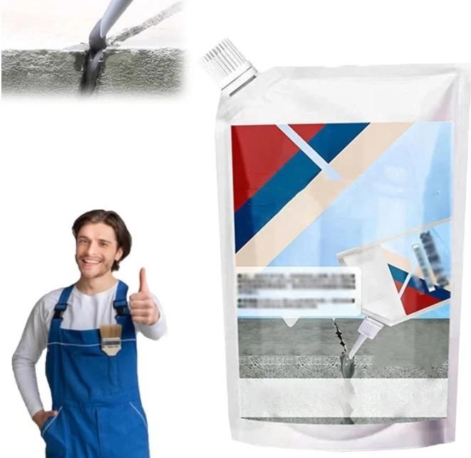 Concrete crack repair adhesive in a pouch being applied to a concrete crack with a happy worker giving a thumbs up