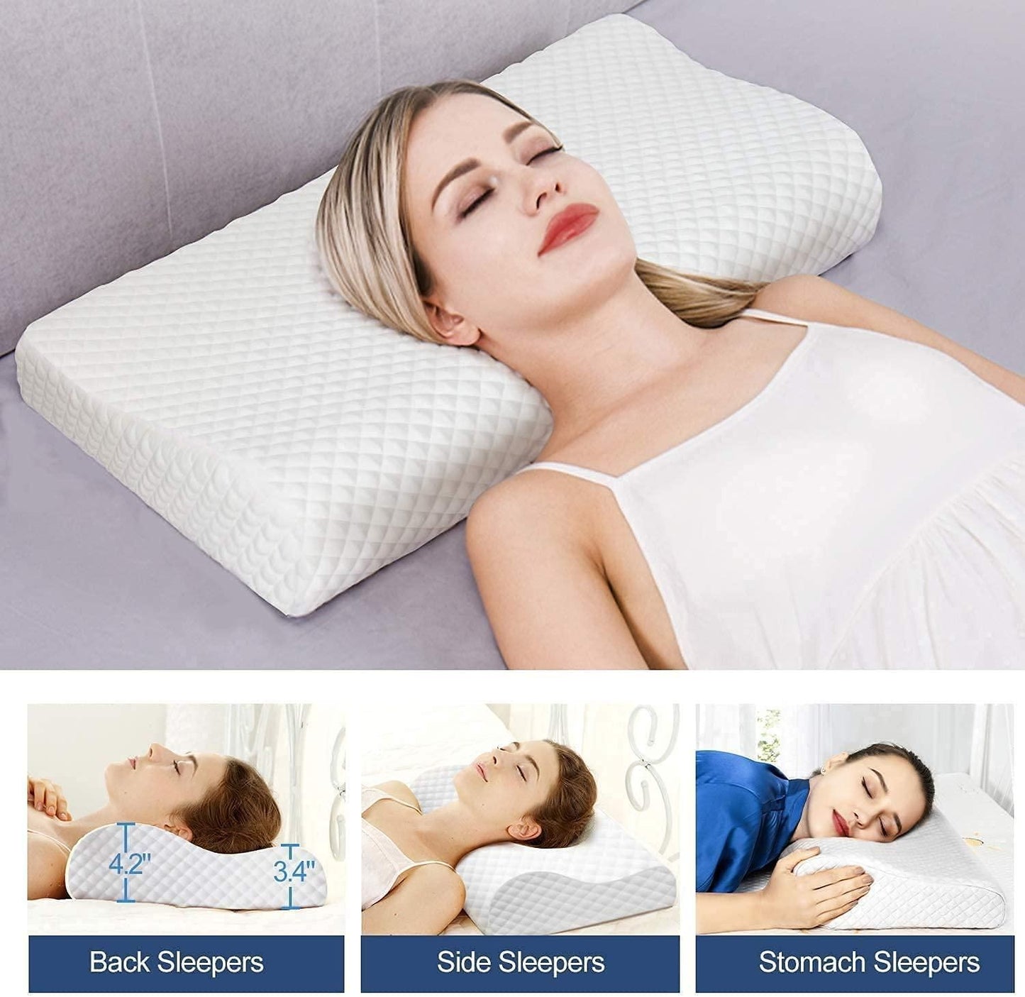 Woman using a white contour pillow for neck pain designed to support back, side, and stomach sleepers