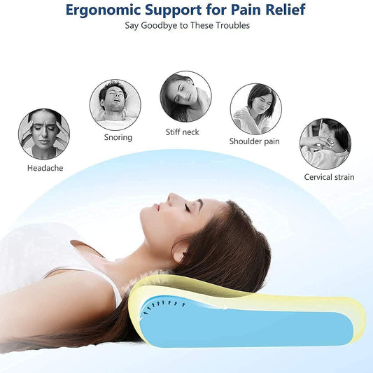 Woman lying on ergonomic contour pillow for neck pain providing support for headache snoring stiff neck and shoulder pain