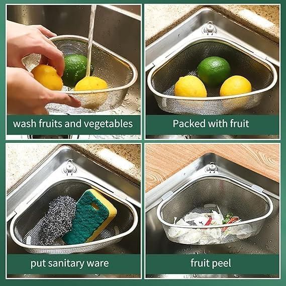 The Gir Farmer corner sink strainer for kitchen showing multi-use for washing fruits, holding fruit, sanitary ware, and fruit peels