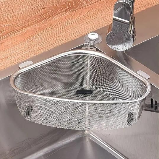 Stainless steel corner sink strainer for kitchen installed in a modern kitchen sink corner