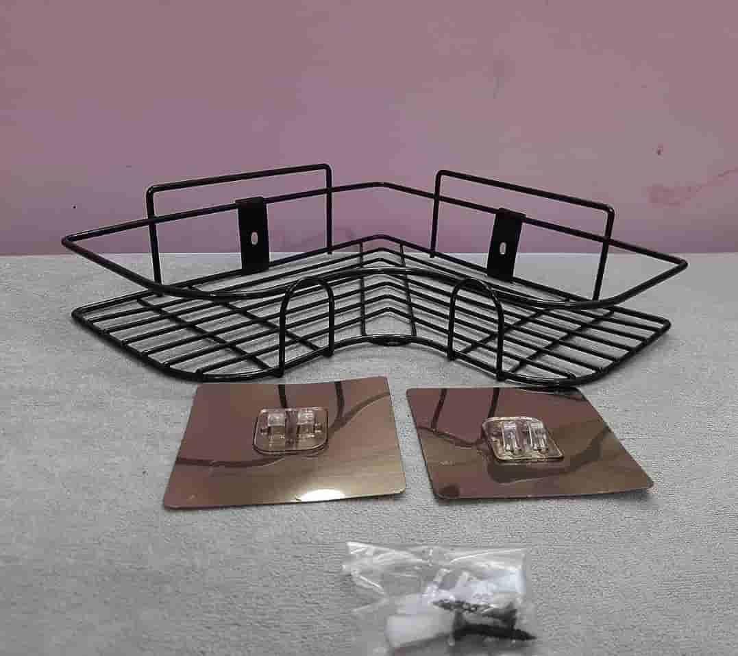 Black metal corner storage shelf for kitchen with mounting plates and screws for easy installation
