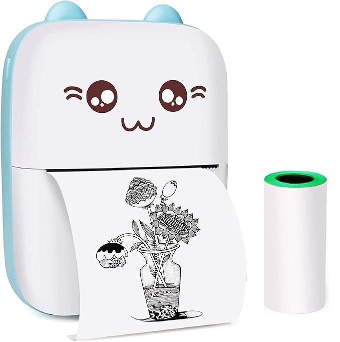 Cute white and blue inkless pocket printer printing a black and white flower vase illustration