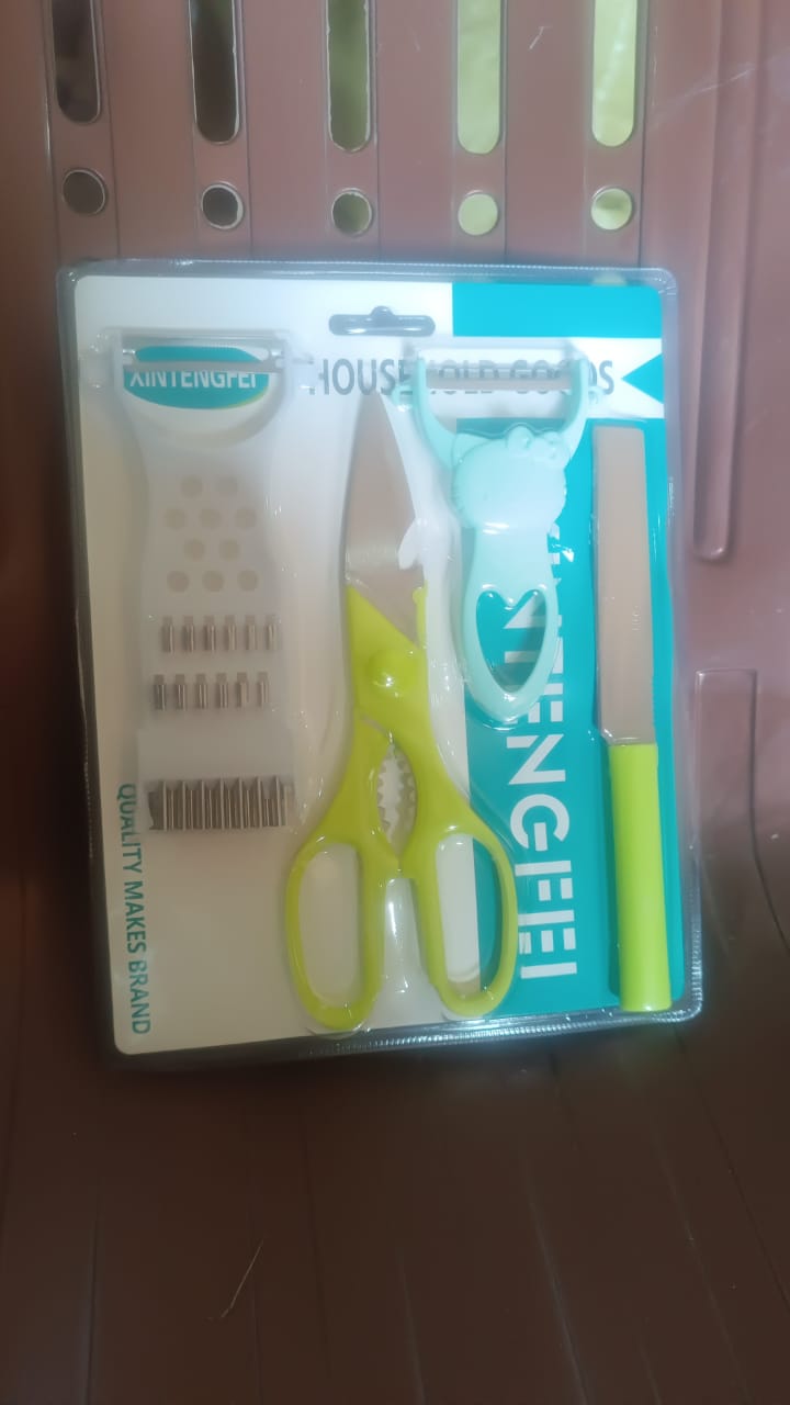 4-Piece Kitchen Cutting Set: Scissors, Peeler, Grater / Slicer, and Knife Your Brand