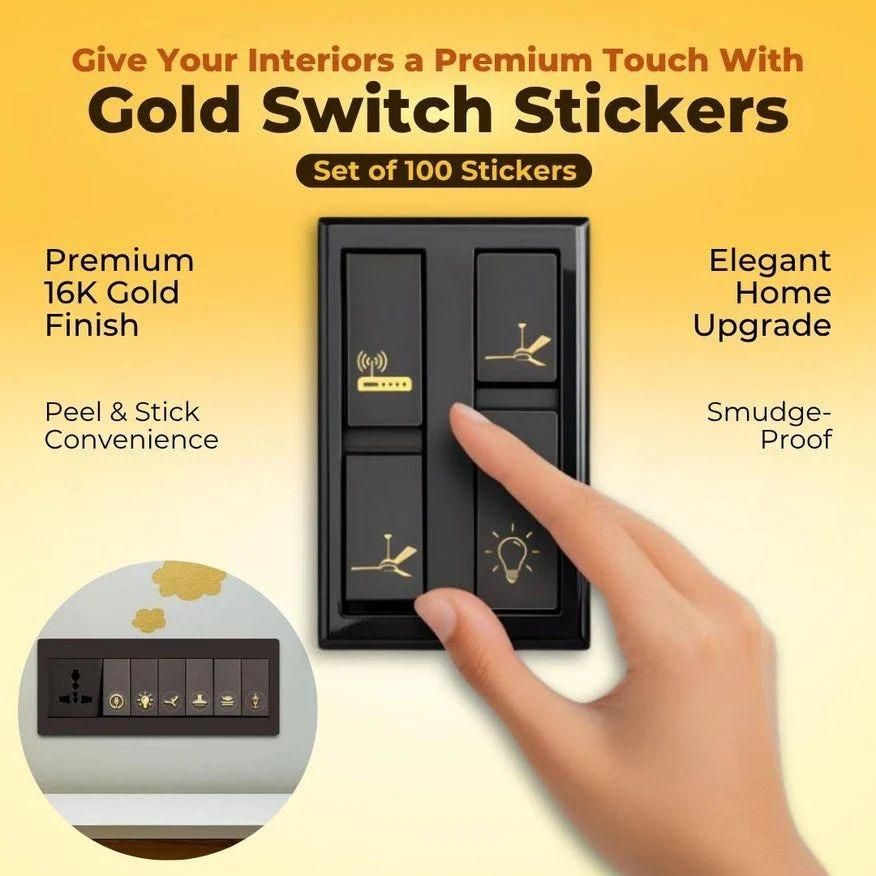 Gold switch stickers on black light switches showing decorative light switch stickers with premium 16K gold finish